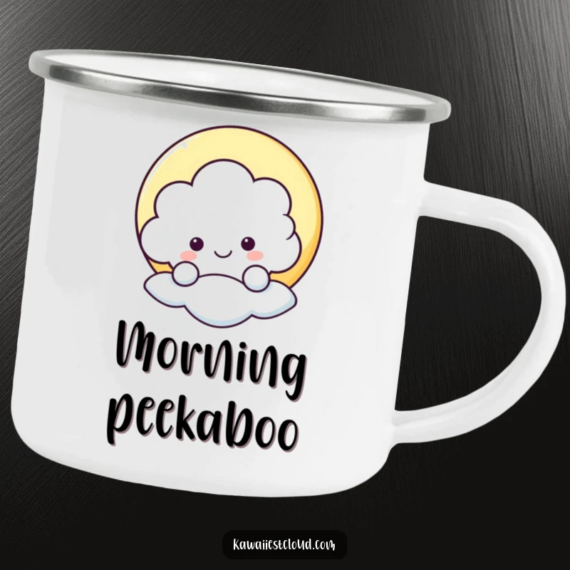 Funny camping mug featuring a cheerful cloud peeking from behind a star, perfect for outdoor use and humor.