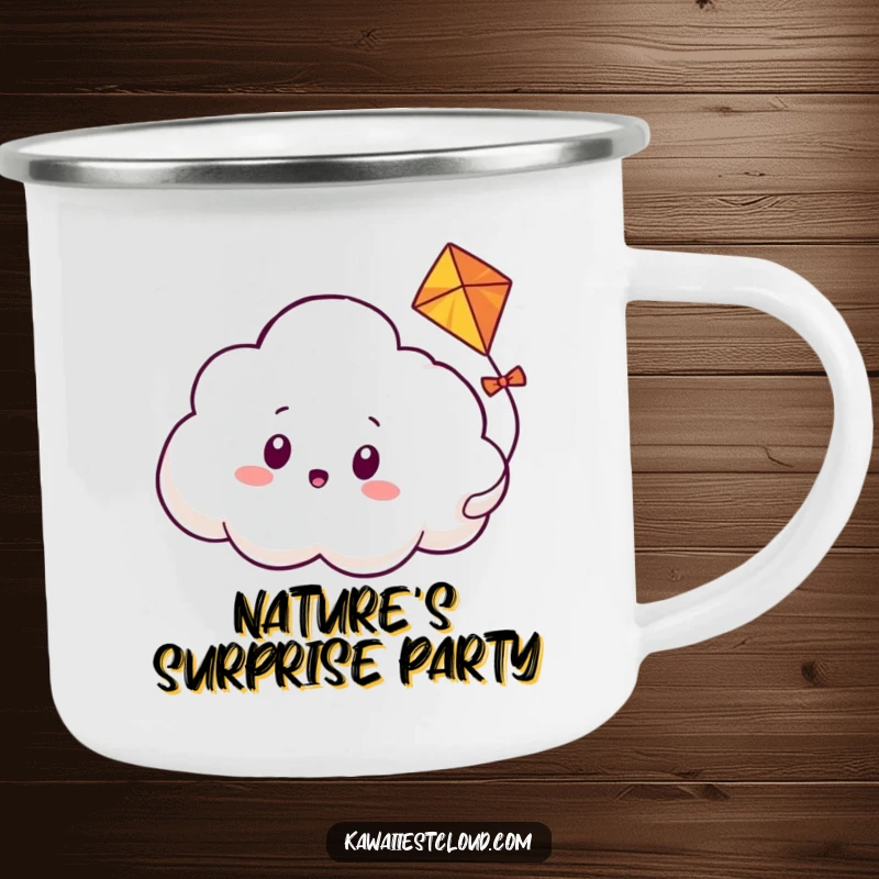 Funny camping mug featuring a surprised cloud character as a friendly kite playfully weaves through its body, perfect for adventurous souls.