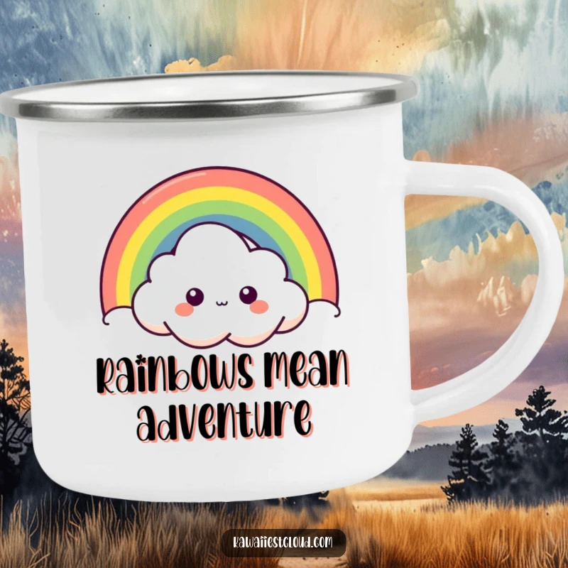 Funny curious cloud camping mug character peeking from behind a bright rainbow, ideal for enjoying drinks outdoors with a playful, humorous spirit.