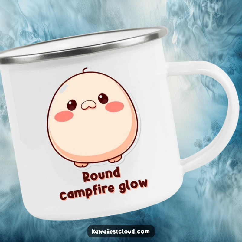 Funny plump, round character with button eyes and rosy cheeks, a durable and charming camping mug for outdoor enjoyment. A cute gift.