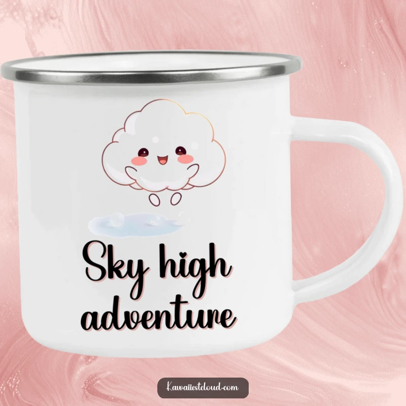 Funny camping mug showing a happy cloud character joyfully bouncing on a shimmering, ethereal surface, ideal for outdoor fun.