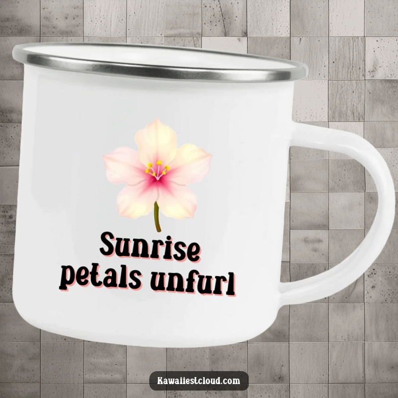Funny tiny glowing blossom camping mug with delicate translucent petals, perfect for humorous adventures.