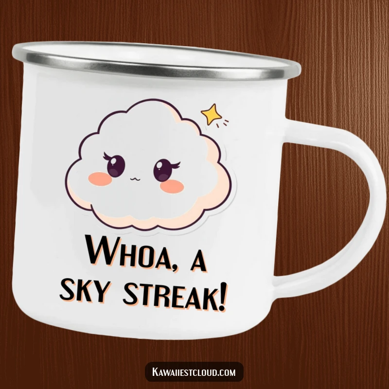 Funny camping mug with a surprised cloud character, wide eyes, watching a tiny shooting star, ideal for outdoor wonder.