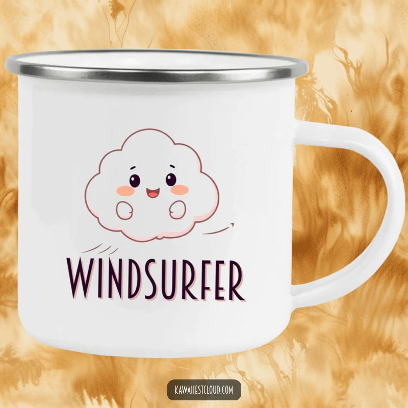 Funny camping mug with a happy cartoon cloud surfing on a gentle wind, perfect for outdoor adventures.