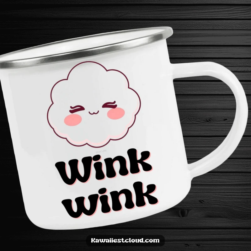 Funny camping mug with a cartoon cloud winking cheekily, perfect for adding mischief to outdoor drinks.