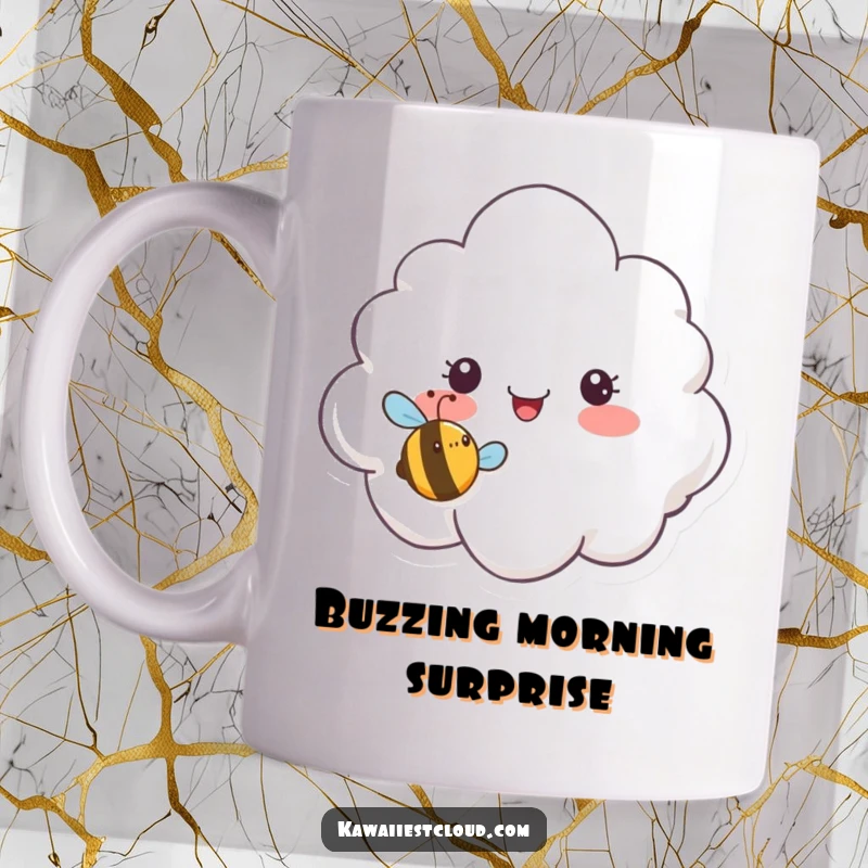Funny mug showing a surprised cloud character looking at a tiny, smiling bee buzzing nearby, creating a humorous scene.