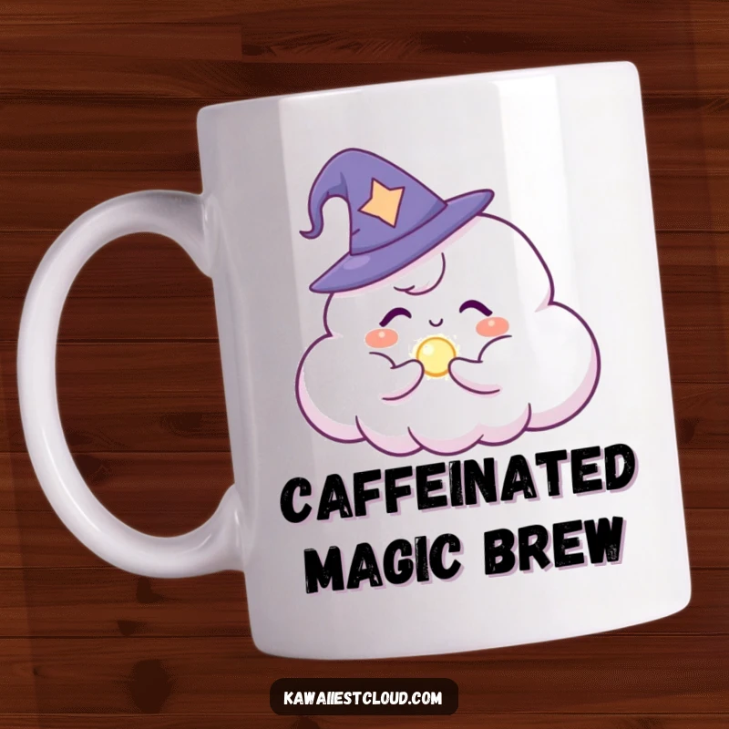 Funny Mug: A cute cloud character wearing a tiny wizard hat, magically conjuring a small, glowing orb.