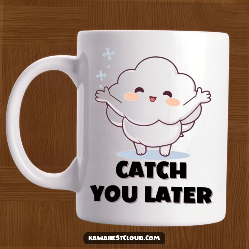 Funny mug featuring a cartoon cloud with open arms reaching out to catch a delicate snowflake, showing winter joy.