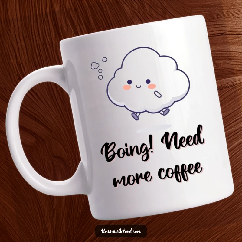 Funny cloud character mug attempting a clumsy, silly hop, leaving a small, visible puff of vapor behind, showing valiant effort.