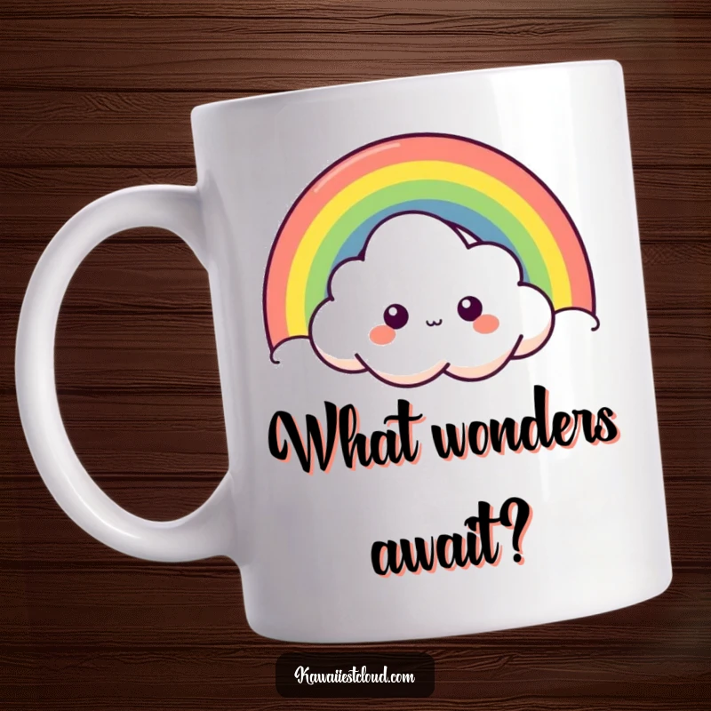 Funny curious cloud mug character peeking over a bright, colorful rainbow, with wide, inquisitive eyes, embodying playful curiosity.