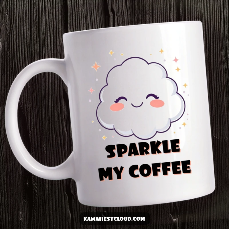 Funny mug featuring a giggling cloud character showering down sparkling glitter, spreading joy and a touch of magic.