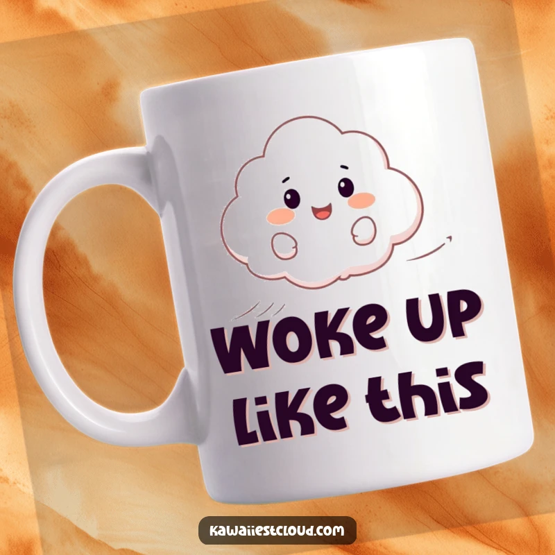Funny mug featuring a smiling cartoon cloud gleefully surfing on a gentle gust of wind, showing pure bliss.