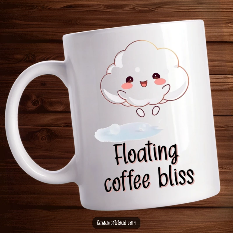 Funny mug showing a happy cloud character joyfully bouncing on a shimmering, ethereal, and magical surface, spreading pure joy.