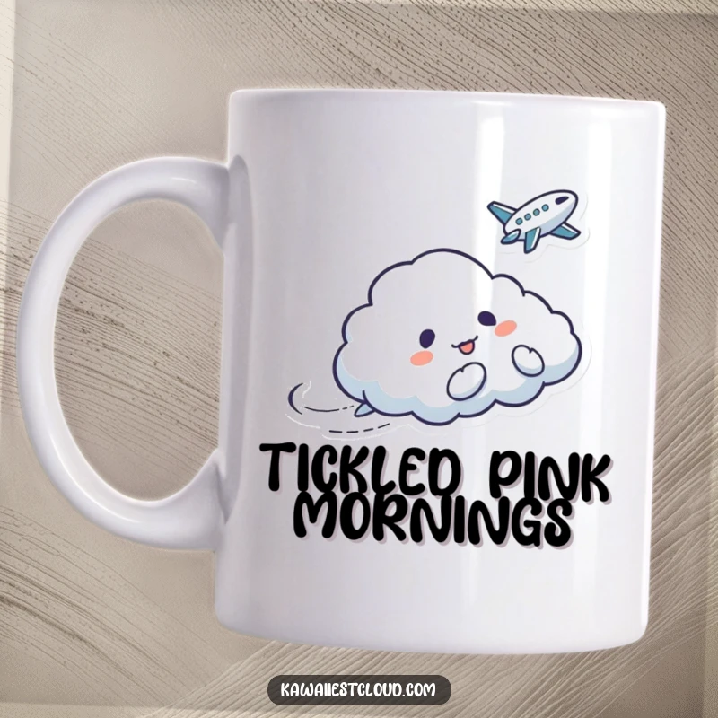 Funny mug showing a mischievous cloud character playfully tickling a startled but amused bird.