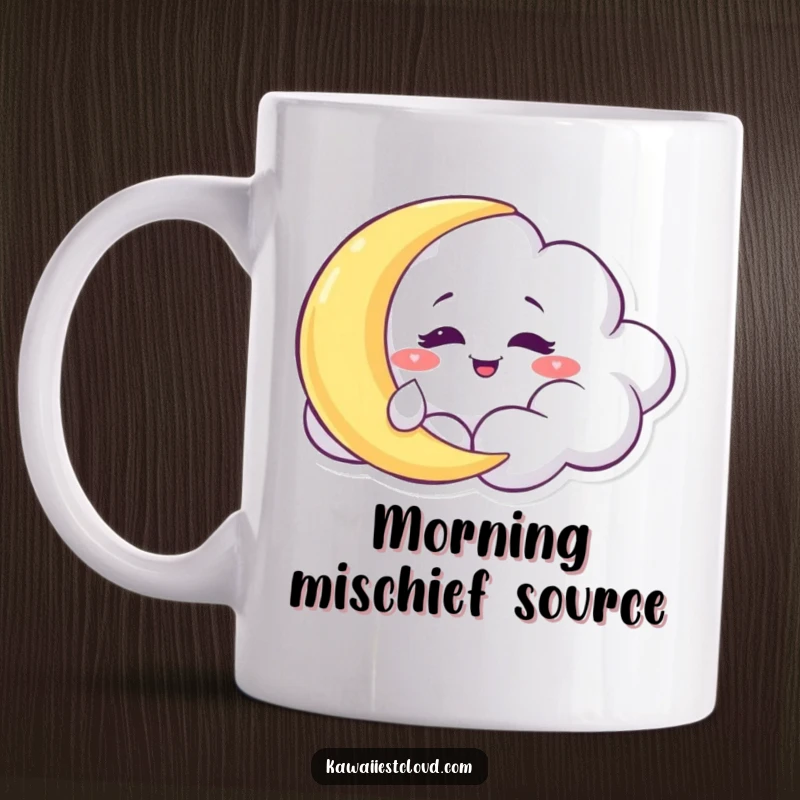 Funny Mug: A mischievous cloud character with a wide grin, playfully tickling a sleepy, crescent moon.