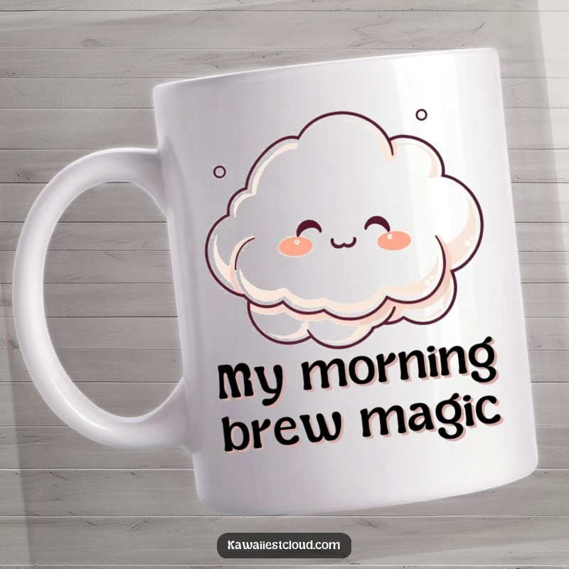 Funny Mug featuring a giggling cloud character creating intricate, whimsical shapes with its mist, showcasing creativity and fun.