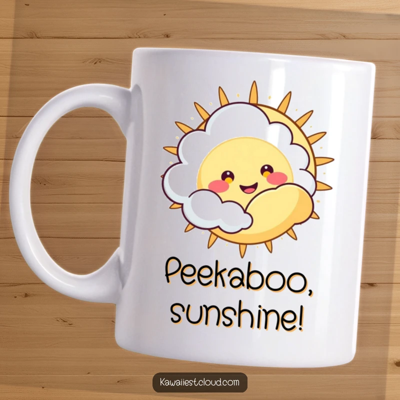 Funny Mug: A cute cloud character with a happy, wide grin playfully peeking from behind a large, bright sun.