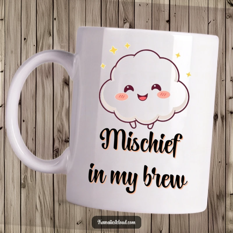 Funny mug featuring a playful cloud character with a mischievous twinkle in its eye, bouncing happily with pure delight.