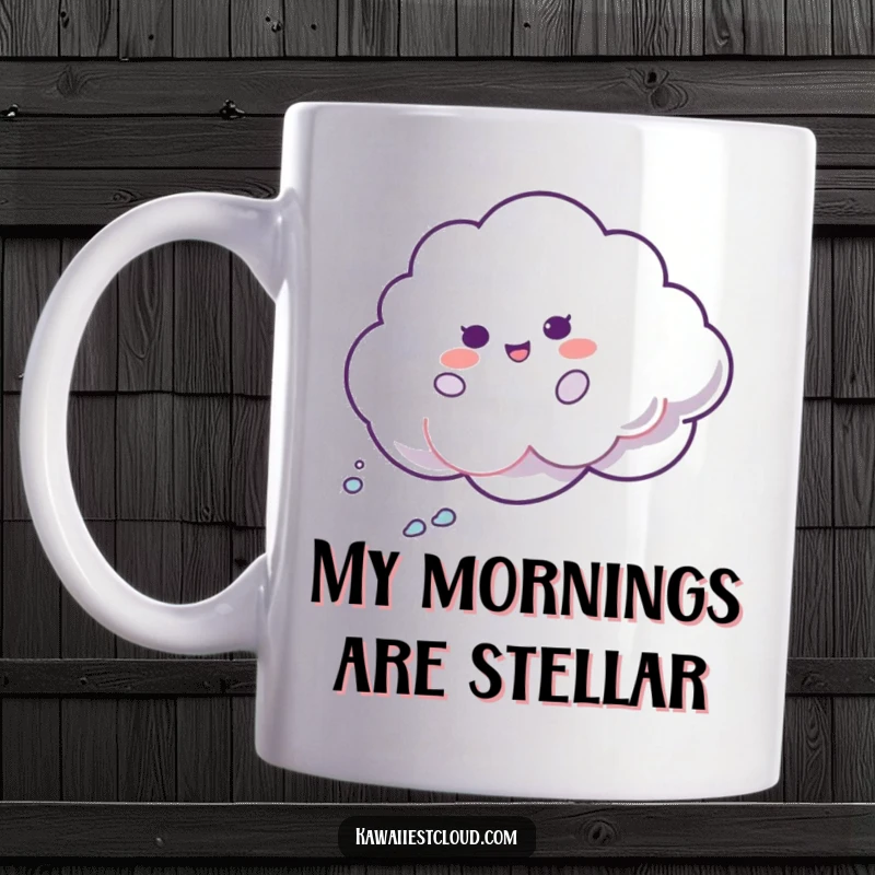 Funny Shimmer Cloud Mug: A playful cloud character spins joyfully, leaving a trail of iridescent glitter. Perfect for adding humor to your day.