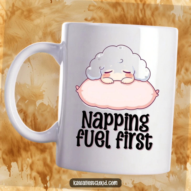 Funny mug featuring a content cloud character peacefully napping on a fluffy pillow, radiating ultimate relaxation.