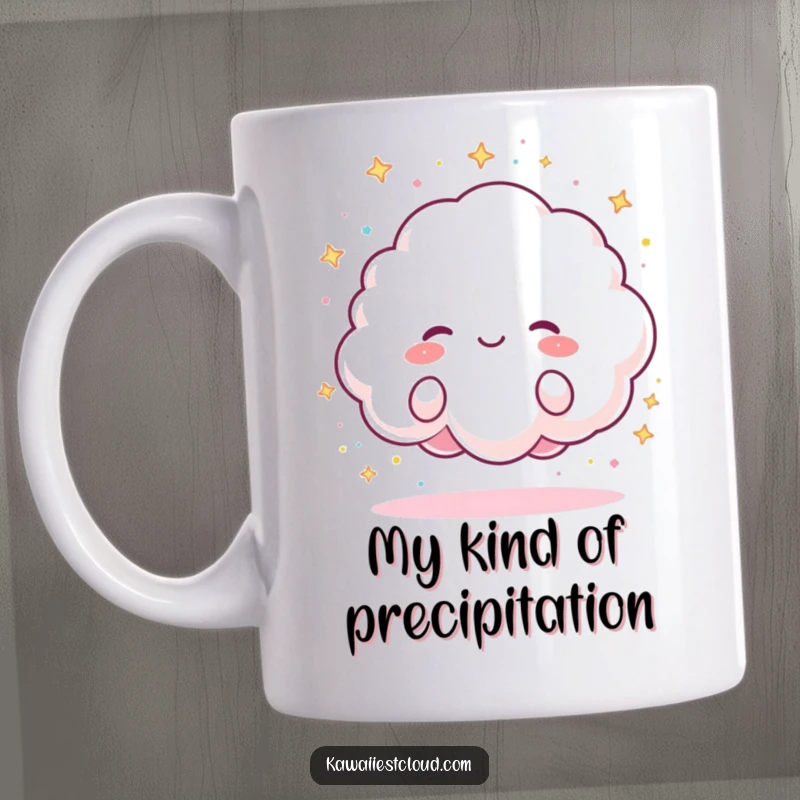 Funny Mug featuring a fluffy cloud character joyfully raining tiny, colorful sparkles, spreading happiness and whimsy.
