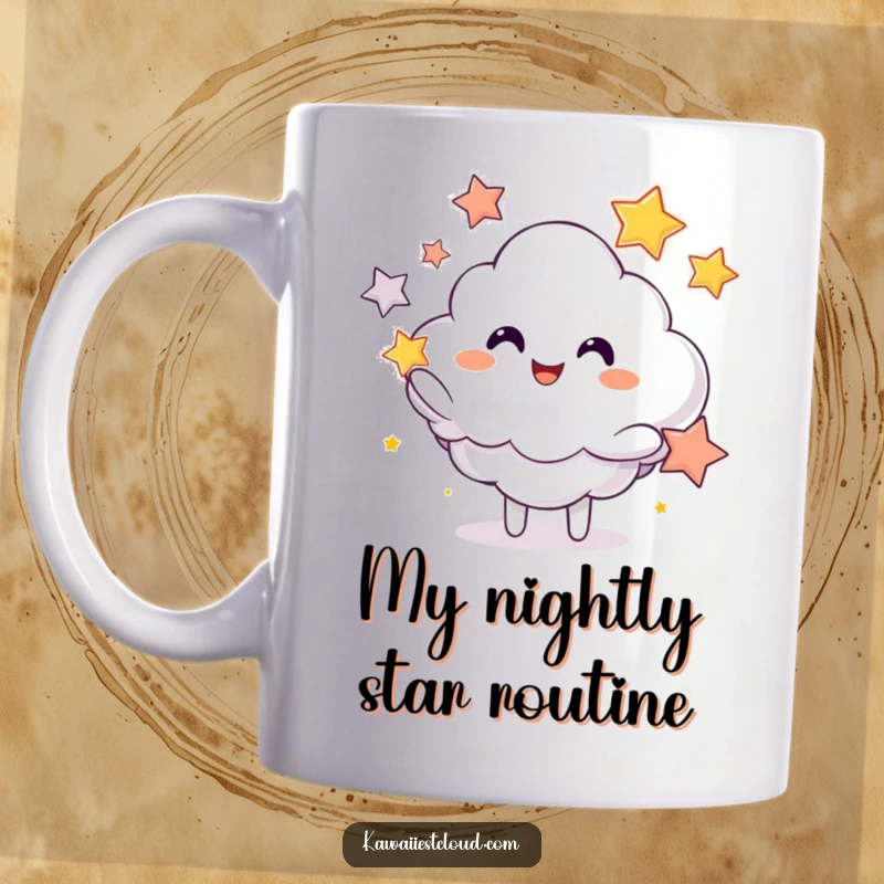 Funny mug showcasing a grinning cloud character playfully juggling bright, colorful stars with skill and a happy expression.