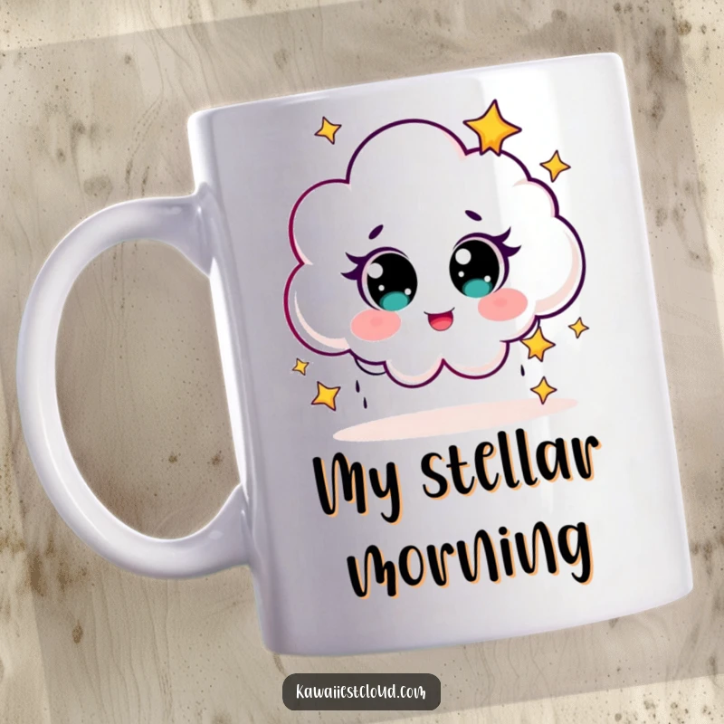 Funny Mug featuring a cute cloud character with big eyes, giggling happily as it rains tiny, sparkling stars.