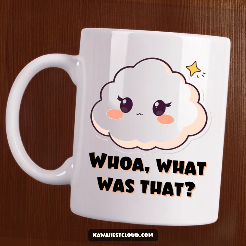 Funny mug showing a cloud character with wide, surprised eyes gazing in amazement at a tiny, twinkling shooting star above.