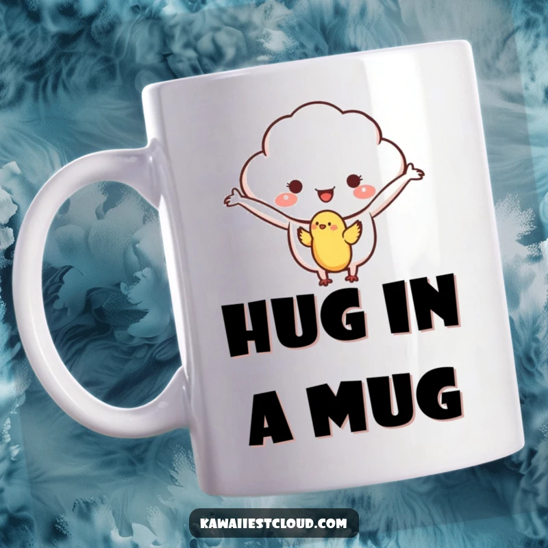 Funny mug featuring a kind cloud character with outstretched arms, warmly welcoming a small, delicate bird.