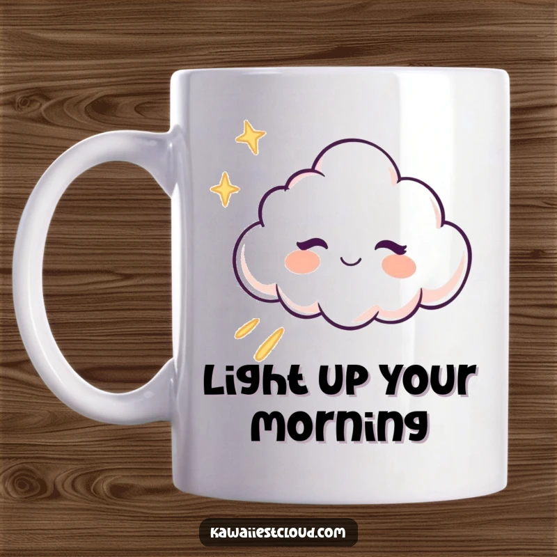 Funny winking cloud character leaving a trail of light on a mug, spreading positivity.