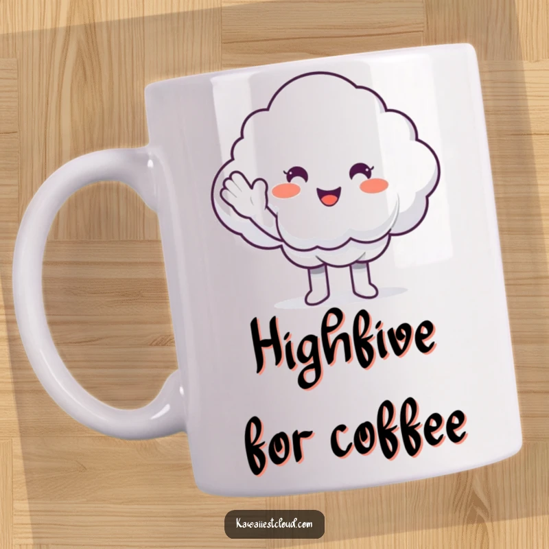 Funny Mug: A smiling cloud character enthusiastically offering a fluffy cloud a high-five.