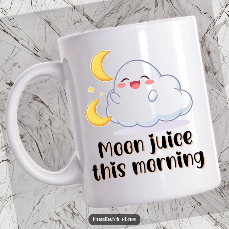Funny mug depicting a cloud character gleefully playing with a small, giggling crescent moon in a joyful celestial scene.