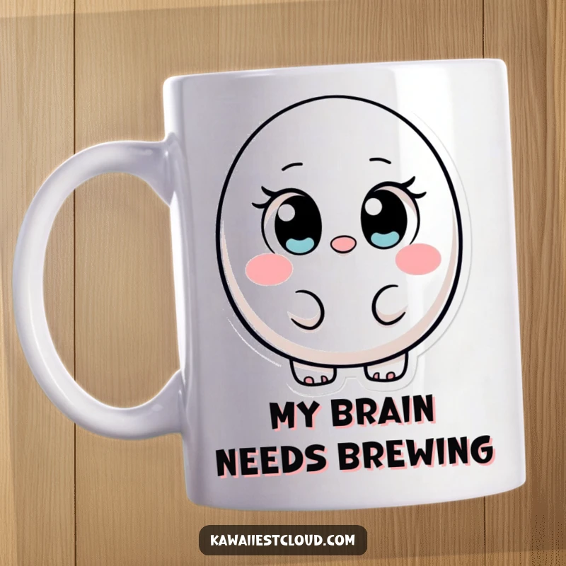 Funny ovular character mug with large, innocent eyes, looking curiously at the viewer, perfect for a sweet and funny gift.