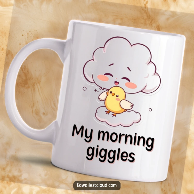 Funny giggling cloud character playfully tickling a small bird with soft cloud wisps, radiating pure amusement and joy.