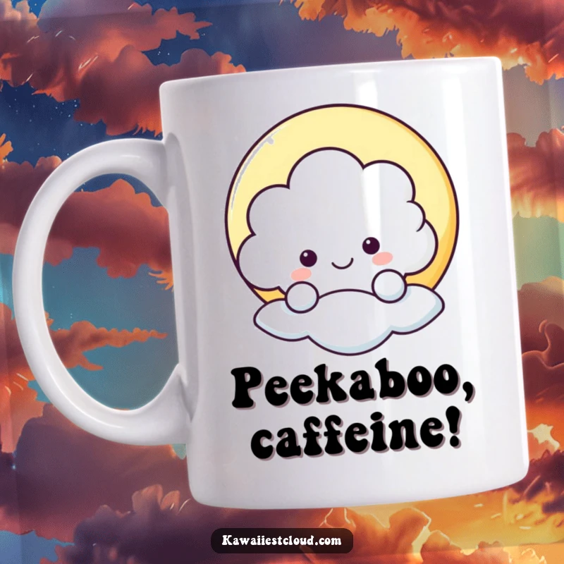 Funny mug featuring a cheerful cloud peeking playfully from behind a shining star, bringing joy and humor to your day.