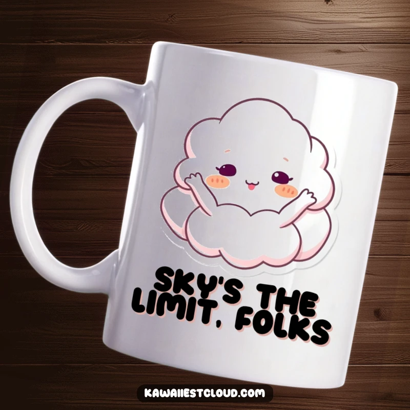 Funny cloud mug with little arms outstretched, joyfully embracing the vast blue sky, radiating happiness.