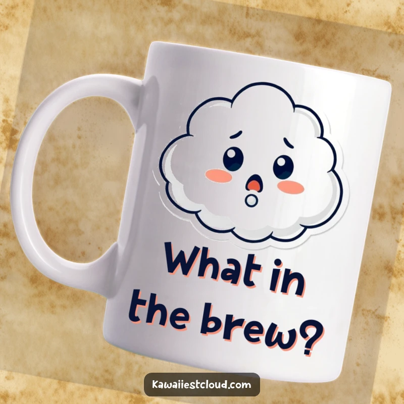 Funny mug featuring a surprised cloud character with a large question mark appearing, depicting bewilderment and humorous curiosity.