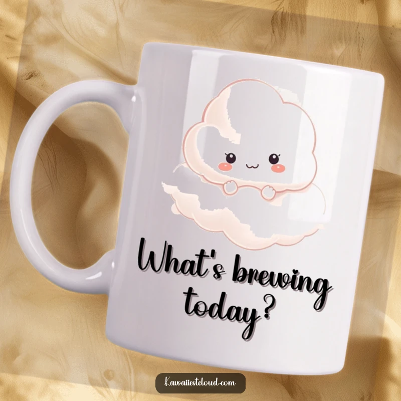 Funny curious cloud character peeking from swirling mist on a mug, ideal for coffee lovers.