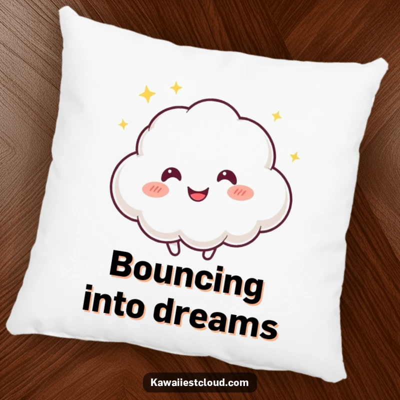 Funny pillow featuring a playful cloud character with a mischievous twinkle, bouncing happily, perfect for adding cozy fun.