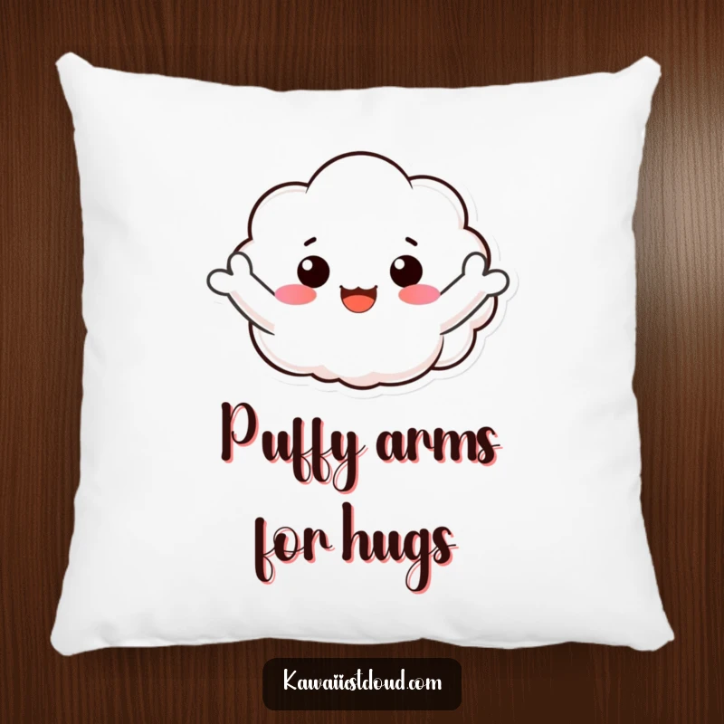 Funny pillow featuring a plush, smiling cloud character joyfully waving its puffy arms, offering a warm welcome.