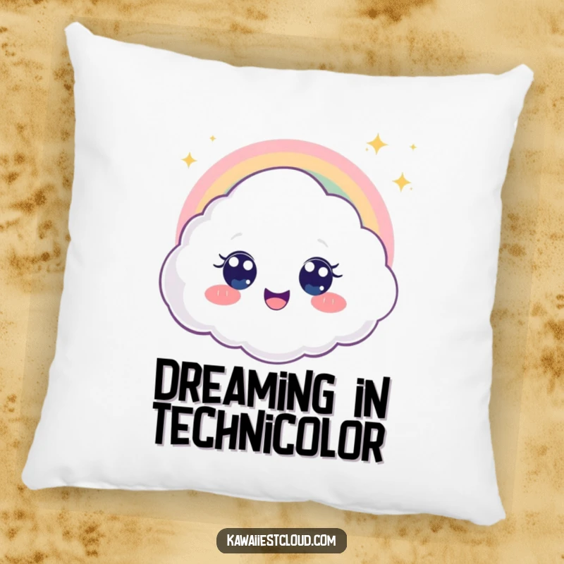 Funny pillow featuring a delighted cloud character with big eyes looking at a rainbow, perfect for comfort and humorous wonder.