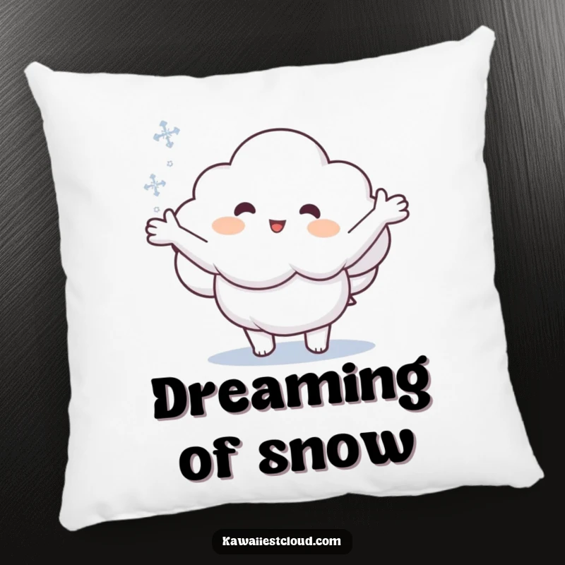 Funny pillow featuring a cartoon cloud with arms spread wide, catching a snowflake, perfect for a wintery feel.