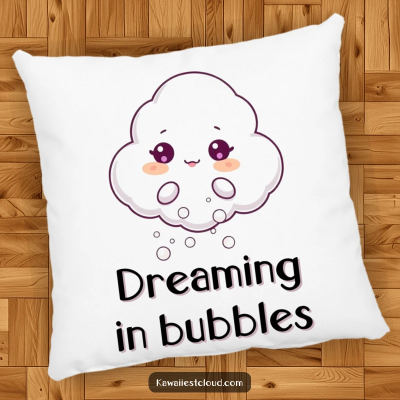 Funny pillow featuring a beaming cloud character puffing out tiny, shimmering bubbles, adding comfort and a touch of playful magic.