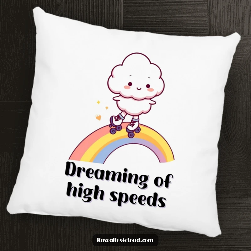 Funny pillow featuring a cheerful cloud character designed with tiny roller skates, gliding smoothly on a vibrant rainbow, adding comfort and humor.