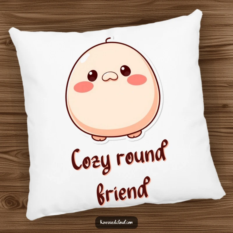 Funny plump, round character pillow with tiny button eyes and rosy cheeks, offering soft comfort and a cute aesthetic. A perfect gift.