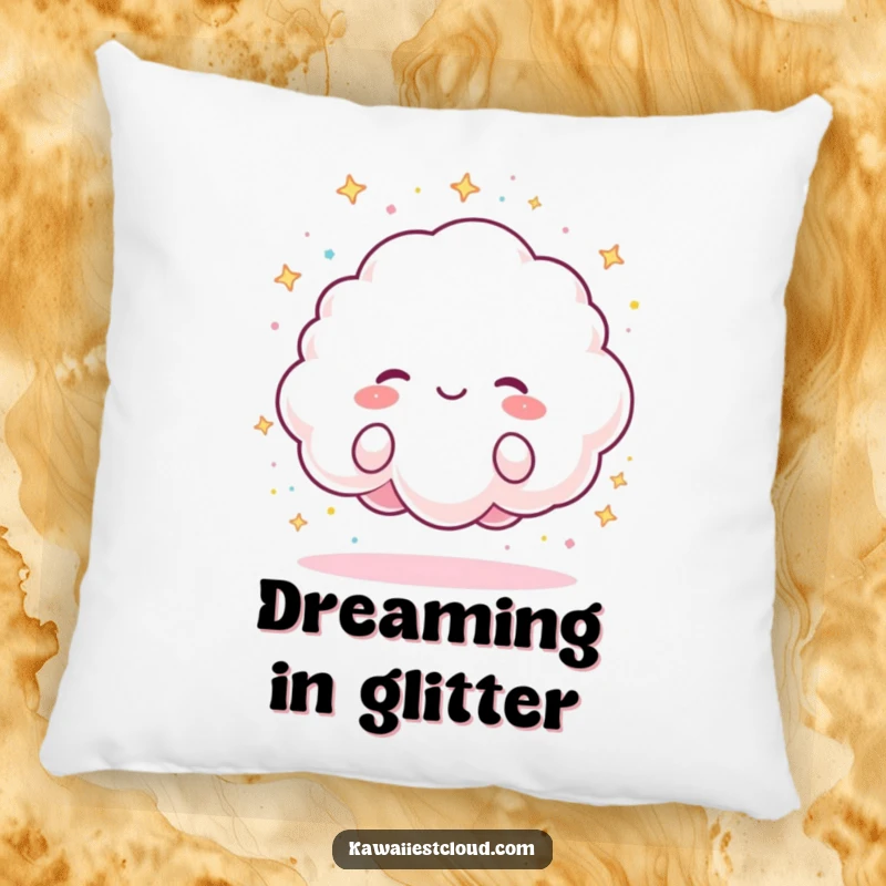 Funny Pillow with a fluffy cloud character joyfully raining tiny, colorful sparkles, perfect for adding a touch of magic and comfort.