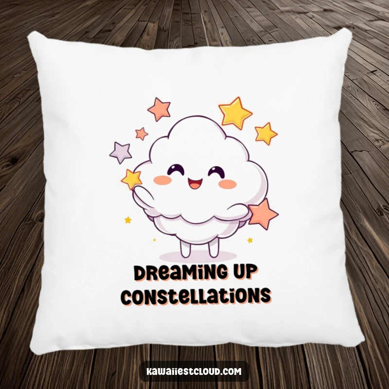 Funny pillow showcasing a happy cloud juggling sparkling stars, perfect for adding comfort and amusement.