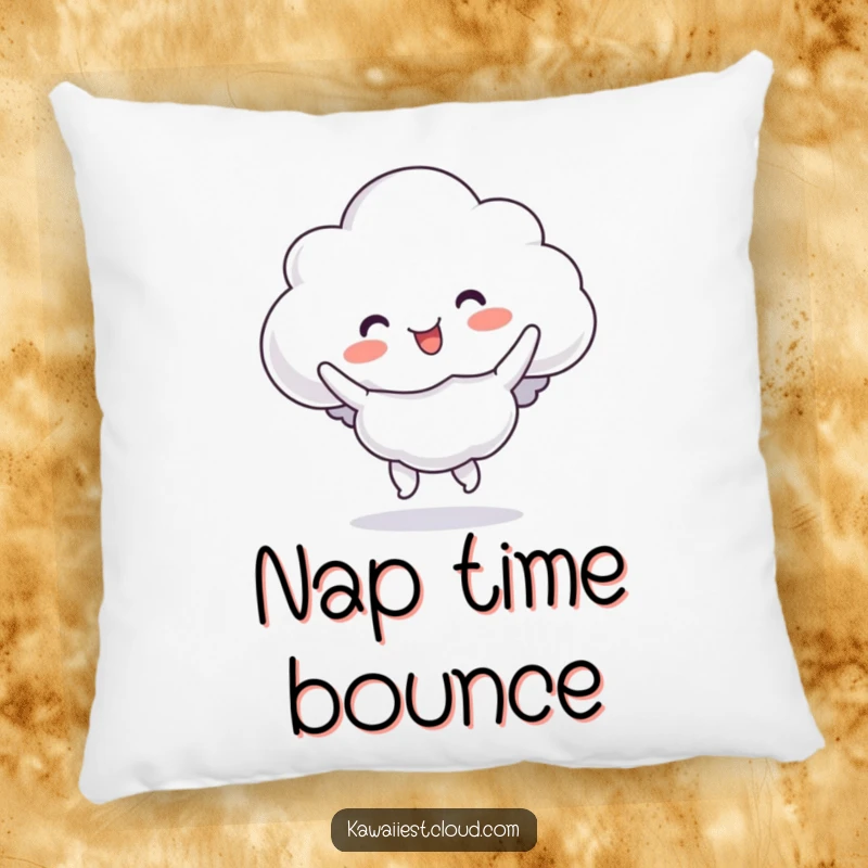 Funny cloud pillow illustrating a character doing a silly, bouncy jig, designed for cozy, humorous comfort.