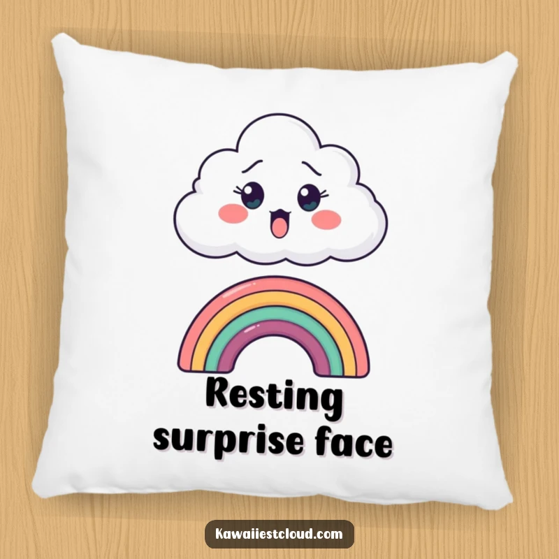 Funny pillow featuring a cartoon cloud with an exaggerated surprised expression peeking over a tiny, colorful rainbow.