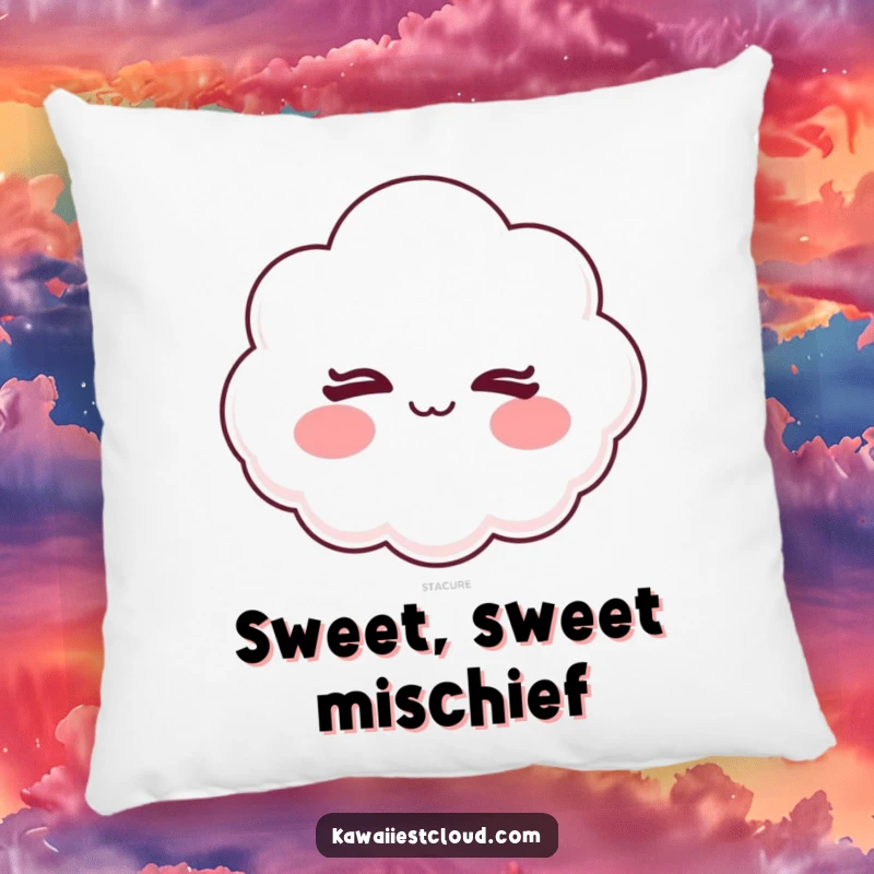 Funny pillow featuring a cartoon cloud with rosy cheeks winking mischievously, perfect for a lighthearted feel.